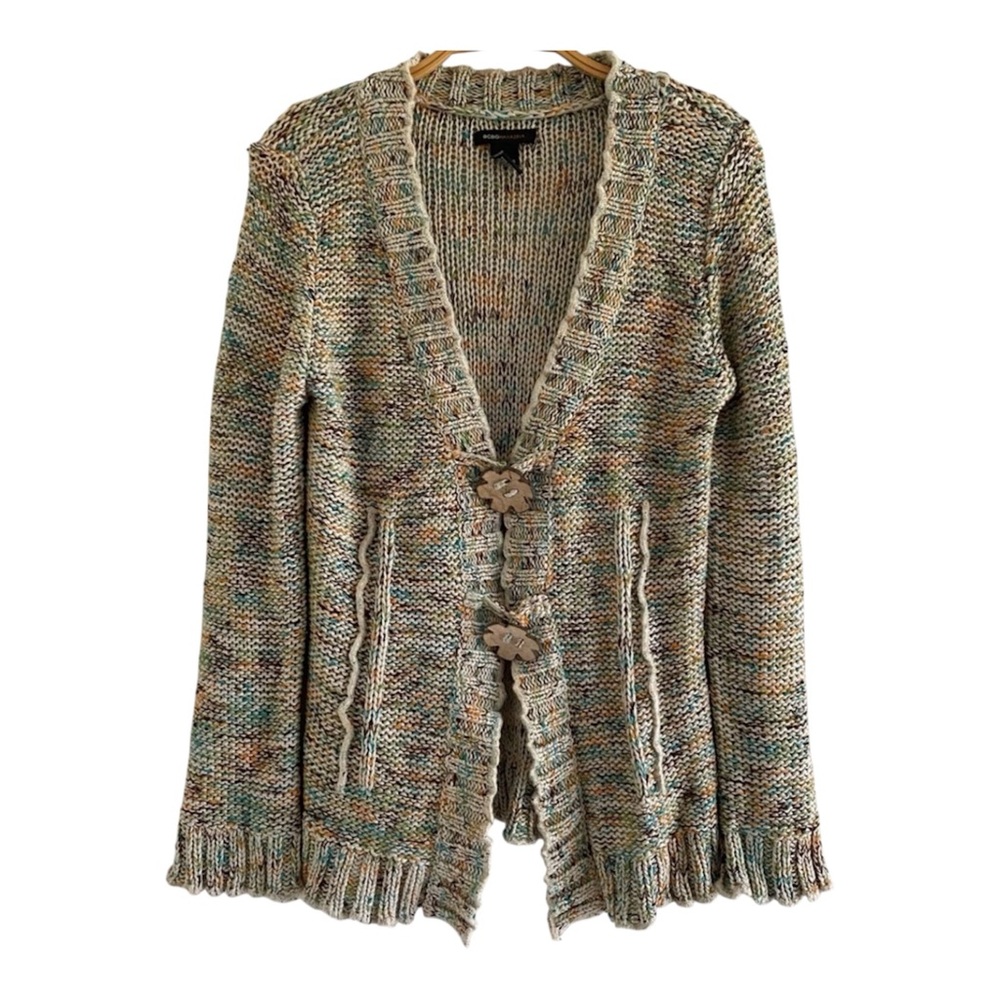 BCBG Max Azria Confetti Knit Cardigan Medium Y2K Fairy Core Wood Flower Buttons
